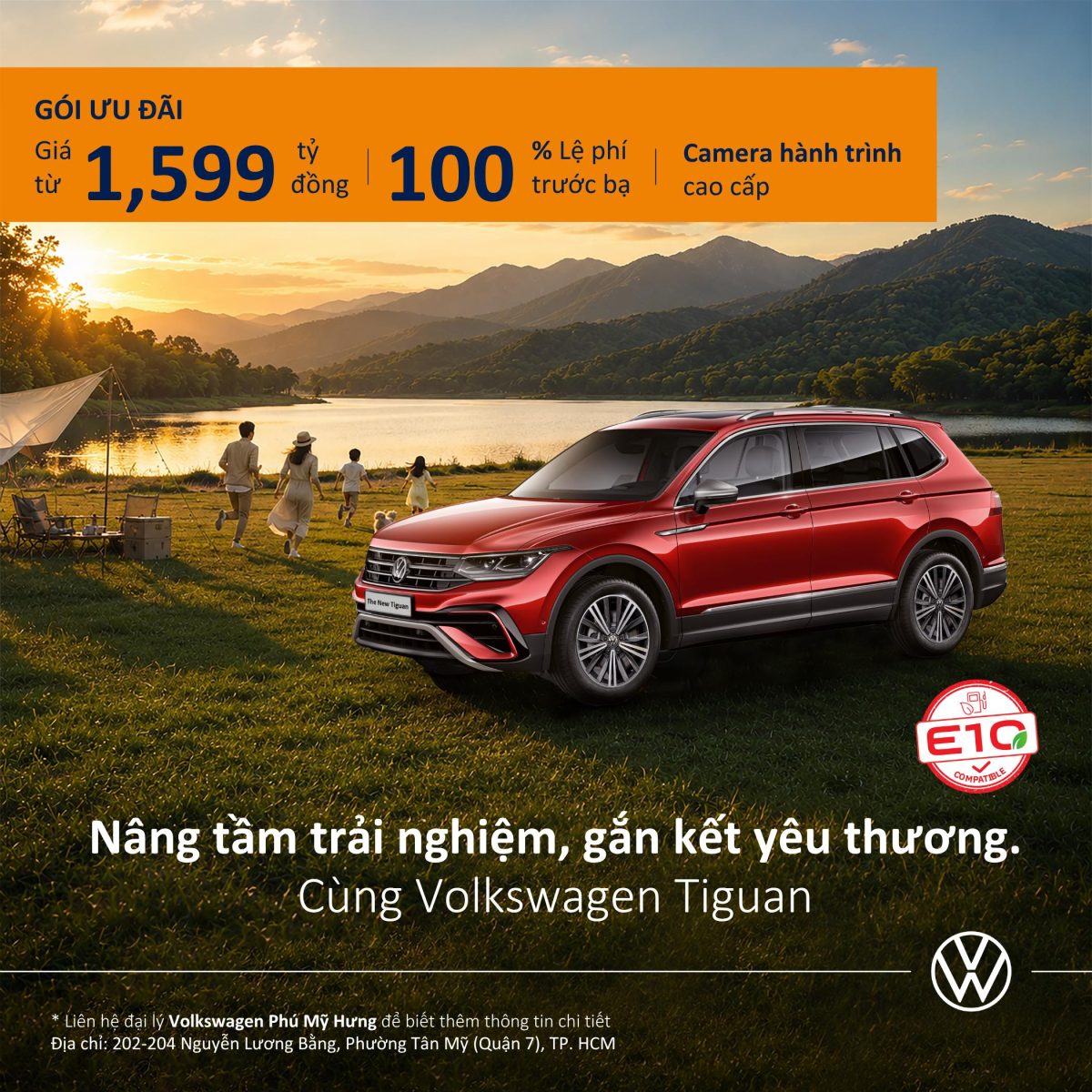 Volkswagen Tiguan giá từ 1,599 tỷ đồng tại Volkswagen Phú Mỹ Hưng, ưu đãi 100% lệ phí trước bạ và tặng Camera hành trình cao cấp trong chương trình khuyến mãi tháng 7/2026.