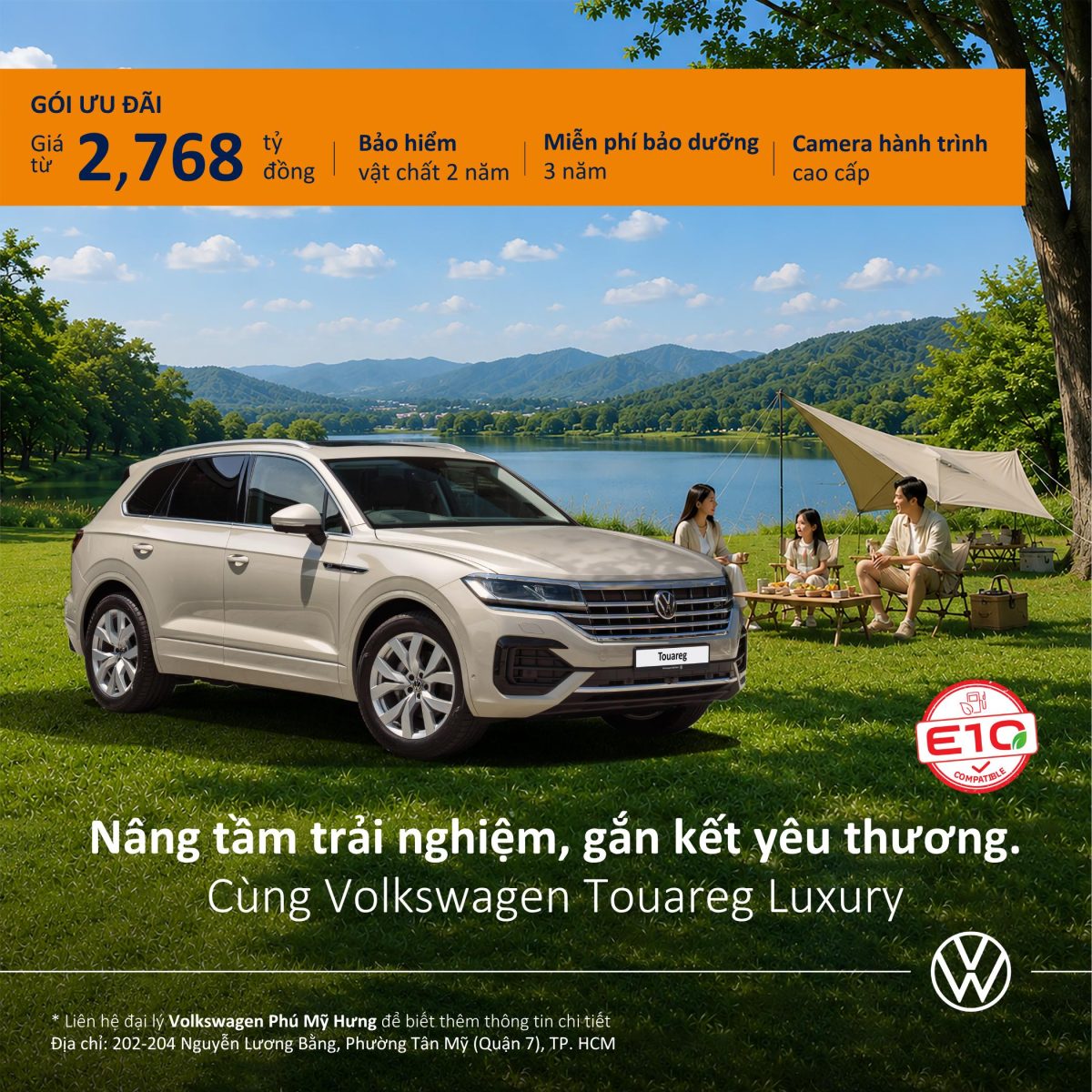 Volkswagen Touareg Luxury màu trắng, mẫu SUV hạng sang với thiết kế đẳng cấp, nội thất cao cấp và công nghệ an toàn hiện đại tại Volkswagen Phú Mỹ Hưng.