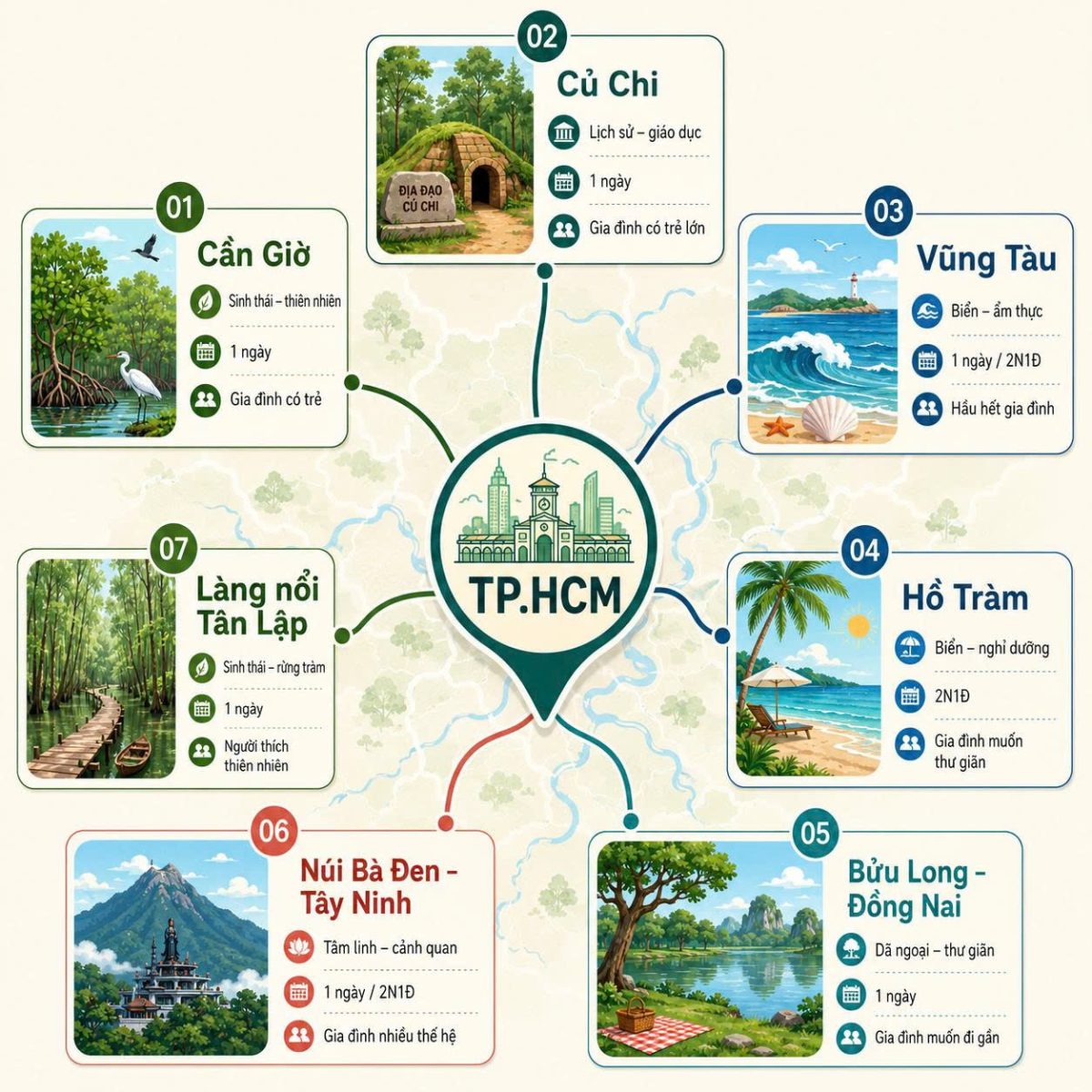 Bản đồ 7 địa điểm du lịch gần TP.HCM cho cuối tuần
